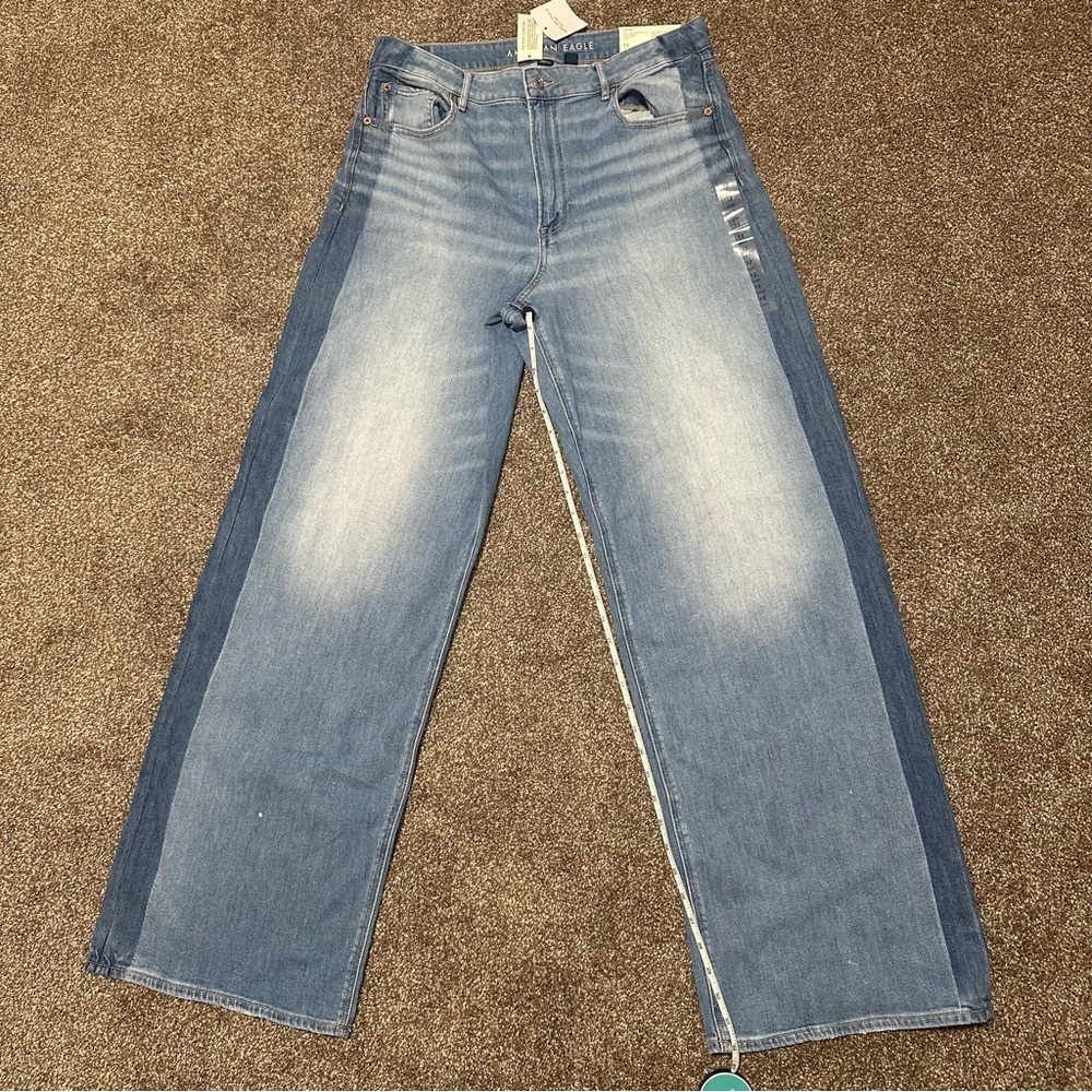 AE Dreamy Drape Stretch Stripe Super High-Waisted Baggy Wide-Leg Jean (12 Long) - Picture 7 of 8